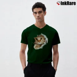 Men’s 3D Cute Cat Printed V-Neck Tee in forest green | Sharp, Breathable, Everyday Staple