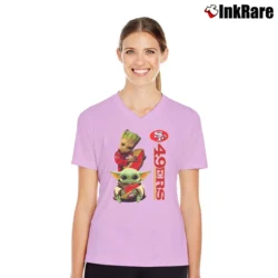 Women’s 49ers Baby Yoda And Groot Star Wars NFL Costume V-Neck Tee in light pink | Chic Neckline, Soft Texture