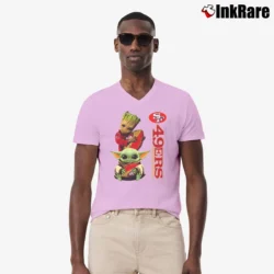 Men’s 49ers Baby Yoda And Groot Star Wars NFL Costume V-Neck Tee in light pink | Sharp, Breathable, Everyday Staple