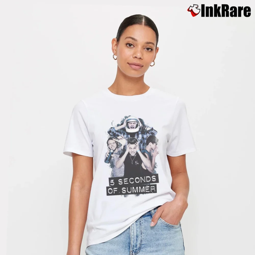Women’s 5 Seconds Of Summer Poster Band Signature T-Shirt in white | Soft, Flattering Fit