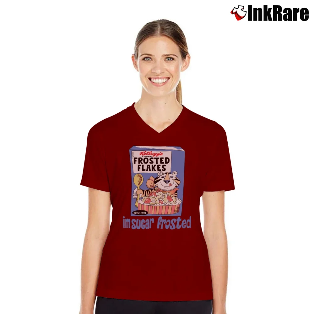 Women’s 60s Tony The Tiger Sugar Frosted Flakes V-Neck Tee in maroon | Chic Neckline, Soft Texture