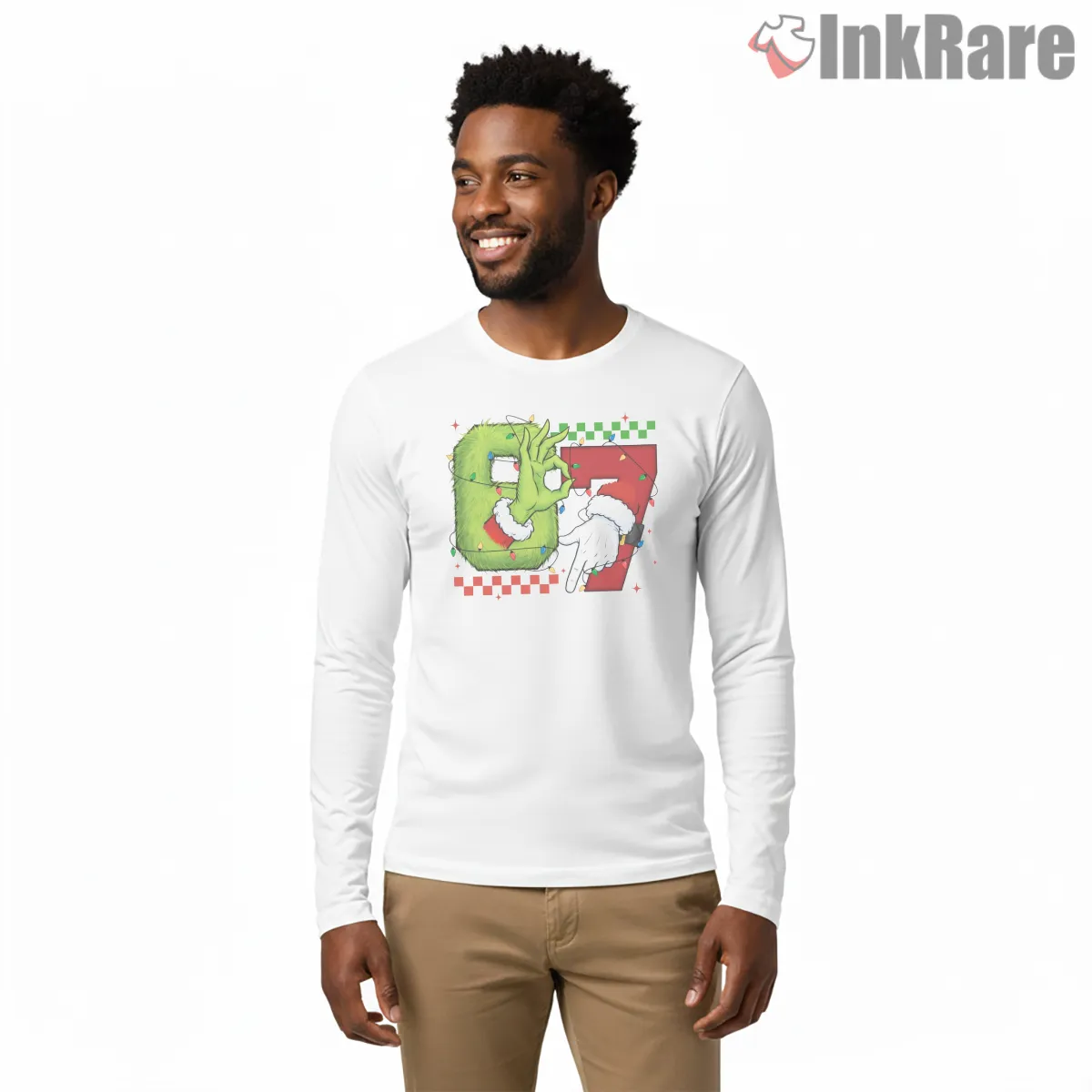 67 Holiday Spirit Santa And Grinch Hands Shirt on white long sleeve shirt for men graphic tee