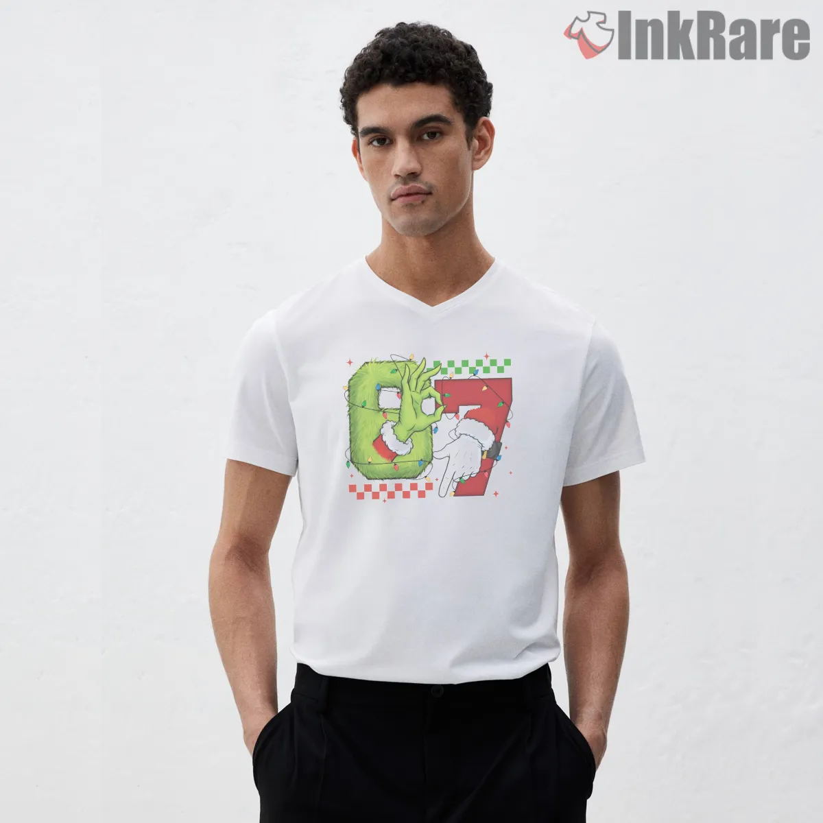 67 Holiday Spirit Santa And Grinch Hands V Neck White 67 Holiday Spirit Santa And Grinch Hands Shirt on white v-neck shirt for men graphic tee