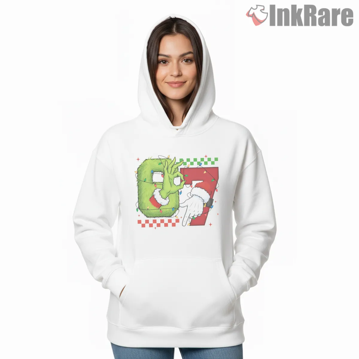 67 Holiday Spirit Santa And Grinch Hands Hoodie White 67 Holiday Spirit Santa And Grinch Hands Shirt on white hoodie for women graphic tee