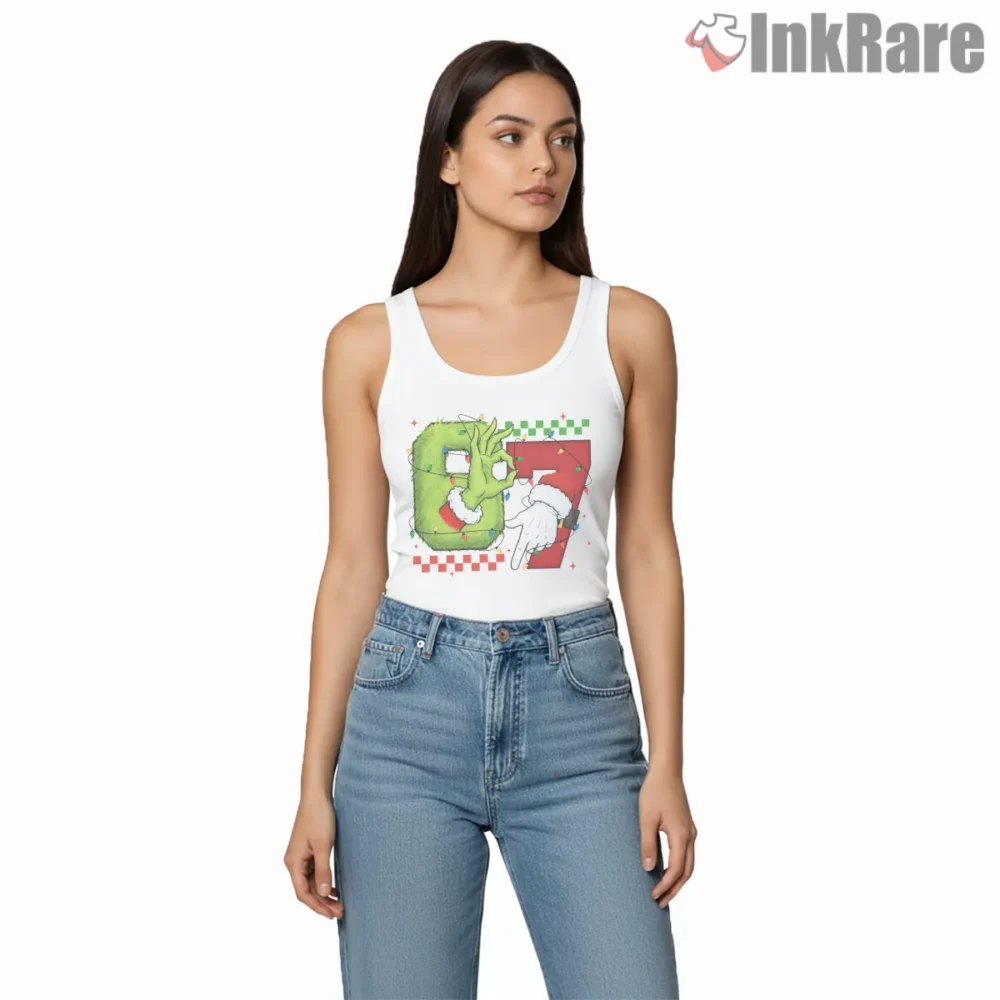 67 Holiday Spirit Santa And Grinch Hands Shirt on white tank top for women graphic tee