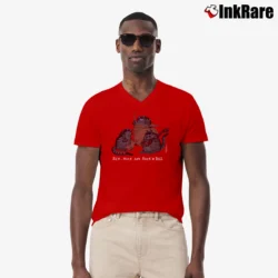Men’s 70s B Kliban Cat Rock Roll Crazy V-Neck Tee in red | Sharp, Breathable, Everyday Staple