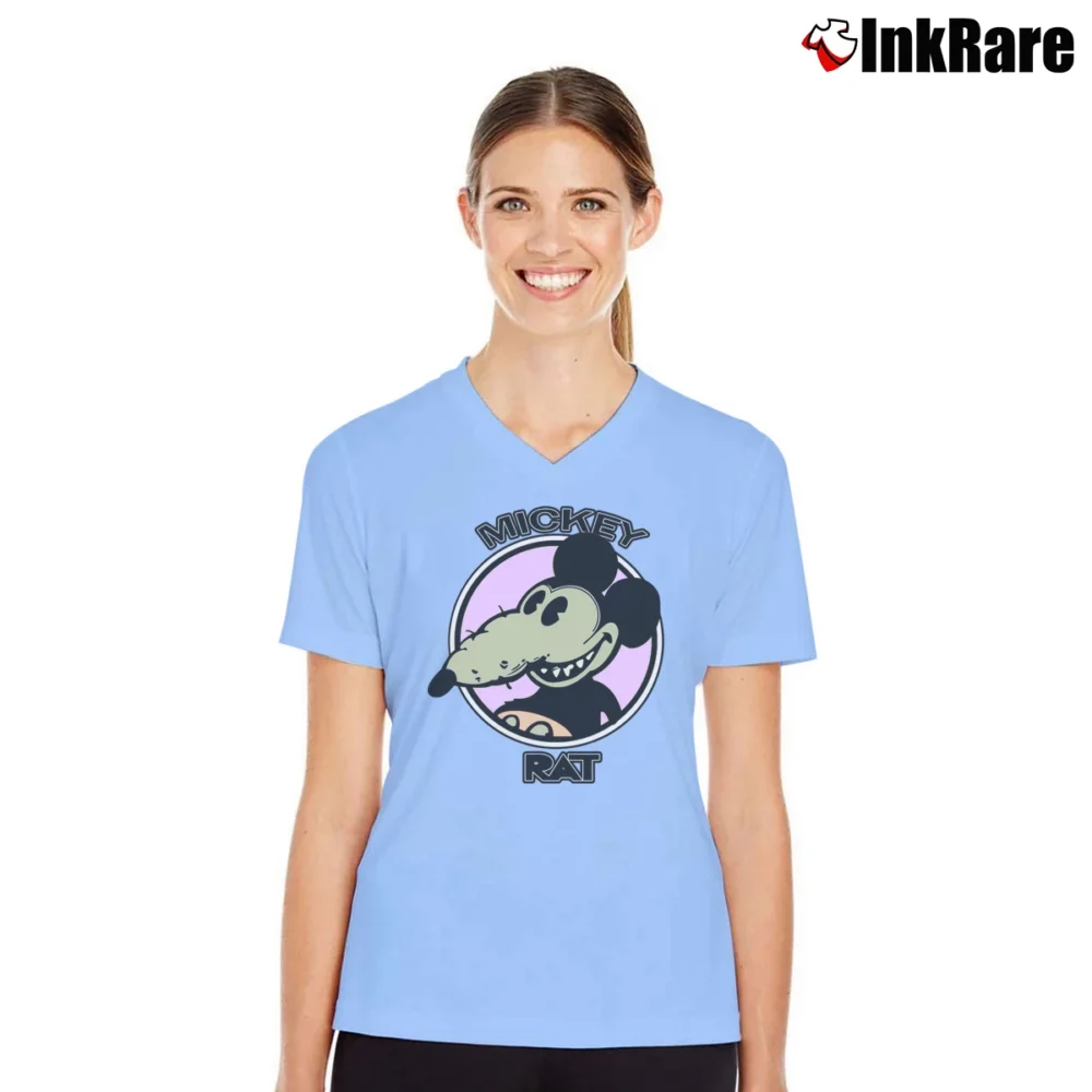 Women’s 70s Belton Rat Mickey Mouse Vintage V-Neck Tee in light blue | Chic Neckline, Soft Texture