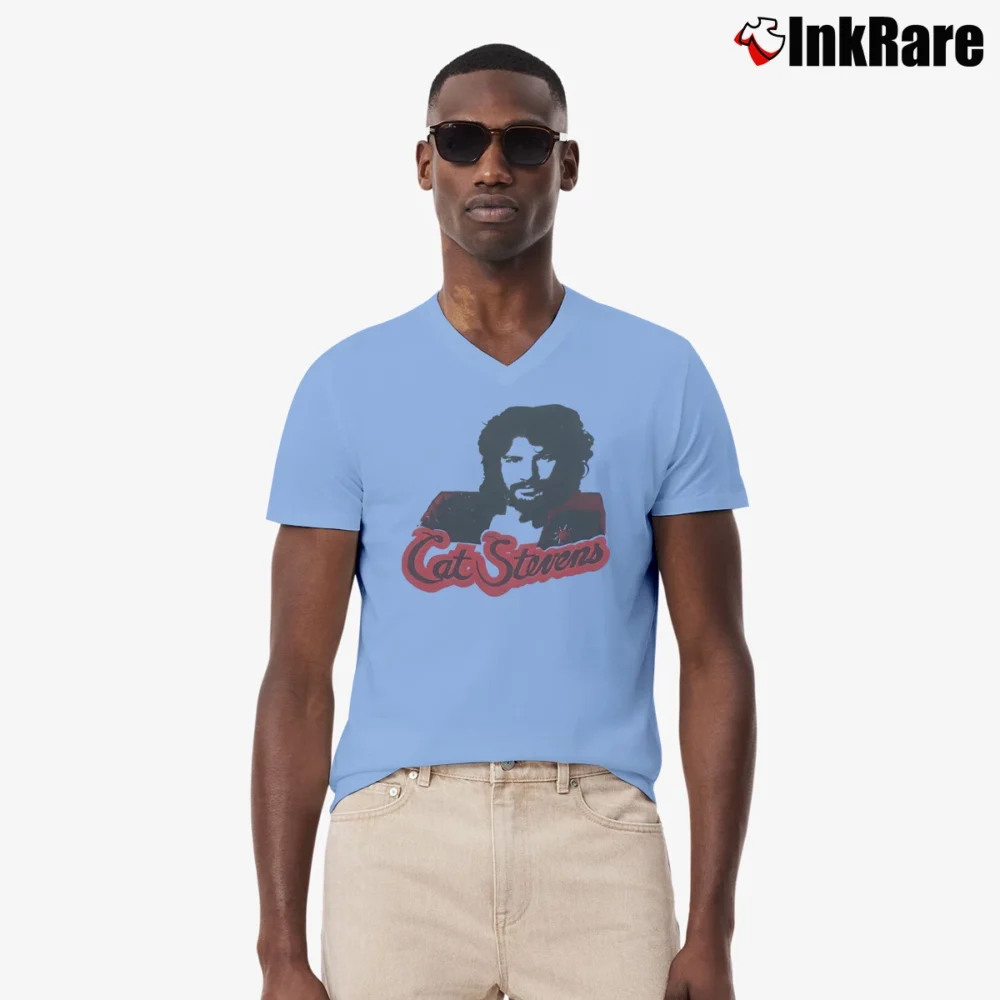 Men’s 70s Cat Stevens Classic Music V-Neck Tee in light blue | Sharp, Breathable, Everyday Staple