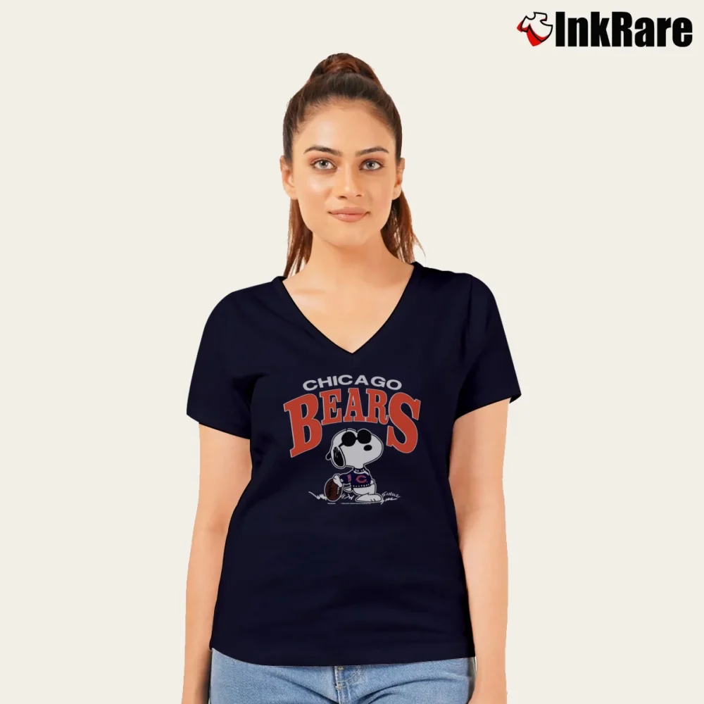 Women’s 70s Chicago Bears Snoopy Football V-Neck Tee in navy | Chic Neckline, Soft Texture
