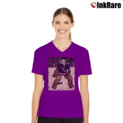 Women’s 70s Ed Giacomin New York Rangers V-Neck Tee in purple | Chic Neckline, Soft Texture