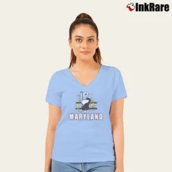 Women’s 70s Maryland Terrapins Snoopy Woodstock Peanuts V-Neck Tee in light blue | Chic Neckline, Soft Texture