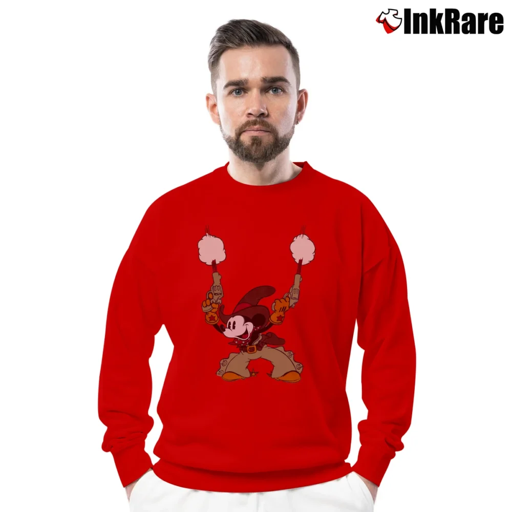 Men’s 70s Mickey Mouse Cowboy Double Gun Crewneck Sweatshirt in red | Cozy Fabric, Clean Style