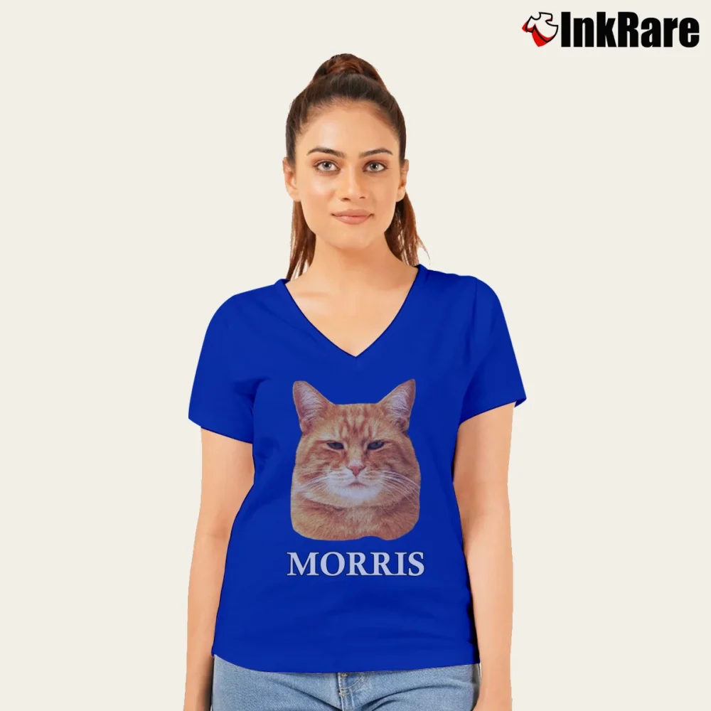 Women’s 70s Morris The Cat 9 Lives Brand V-Neck Tee in royal blue | Chic Neckline, Soft Texture
