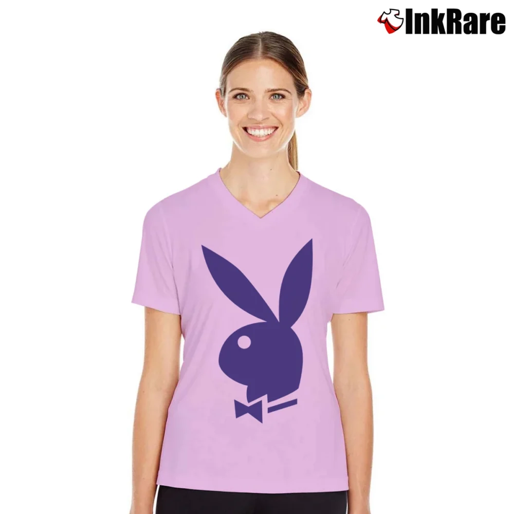 Women’s 70s Playboy Bunny Ringer Party V-Neck Tee in light pink | Chic Neckline, Soft Texture