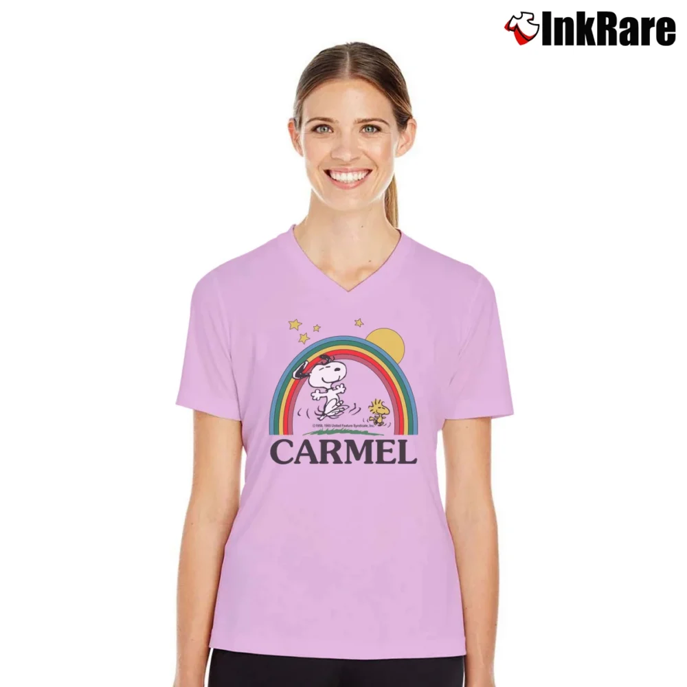 Women’s 70s Snoopy Peanuts Rainbow Classic V-Neck Tee in light pink | Chic Neckline, Soft Texture