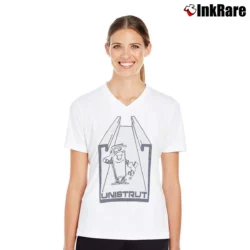 Women’s 70s Unistrut Mr Strut Walt Disney Eberl Iron Works V-Neck Tee in white | Chic Neckline, Soft Texture
