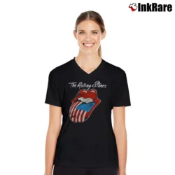 Women’s 80s 1981 The Rolling Stones North American Rock Concert Tour V-Neck Tee in black | Chic Neckline, Soft Texture