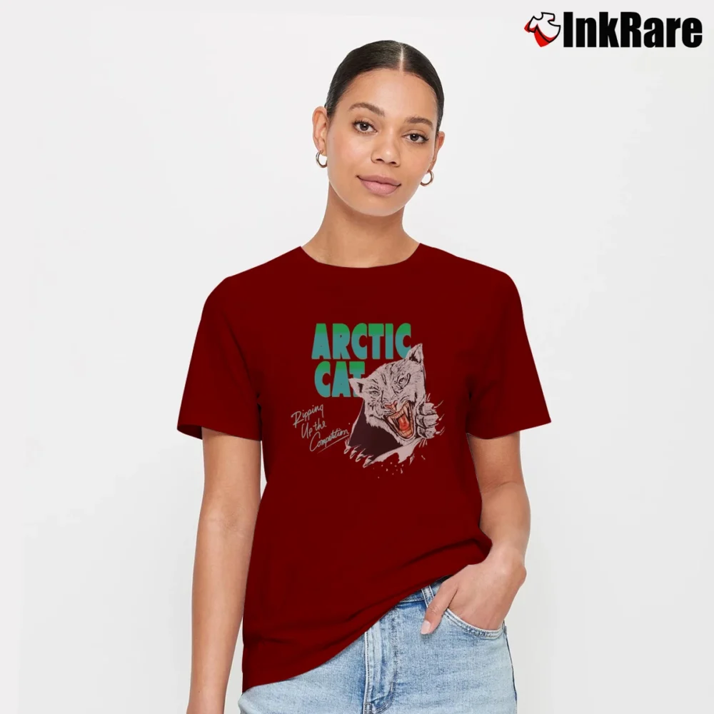 Women’s 80s 90s Arctic Cat Ripping Up The Competition Signature T-Shirt in maroon | Soft, Flattering Fit