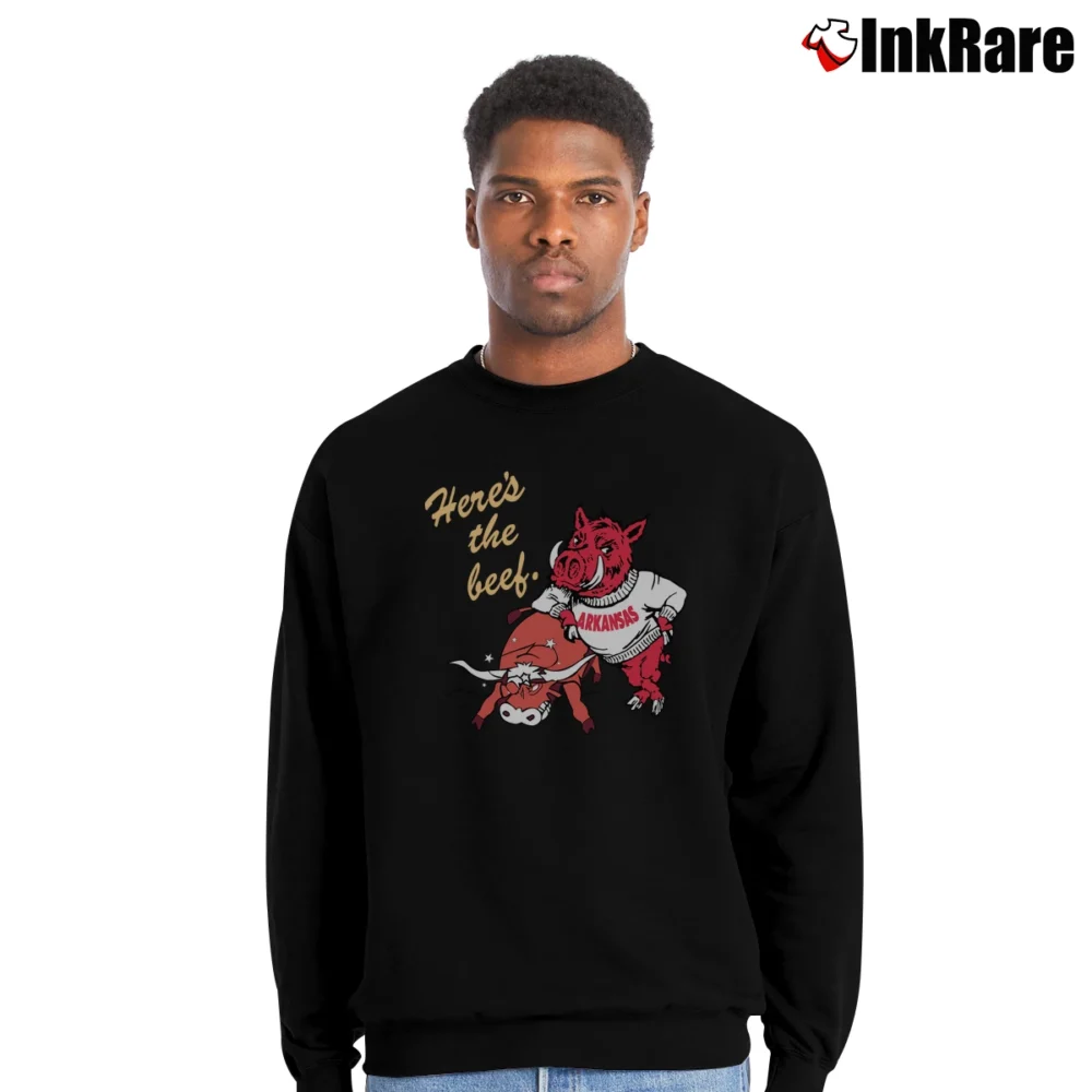 Men’s 80s Arkansas Razorbacks University Mascot Here's The Beef Crewneck Sweatshirt in black | Cozy Fabric, Clean Style