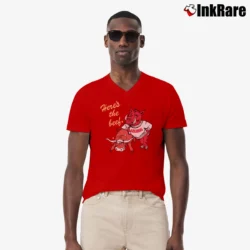 Men’s 80s Arkansas Razorbacks University Mascot Here's The Beef V-Neck Tee in red | Sharp, Breathable, Everyday Staple