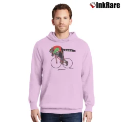 Men’s 80s B Kliban Cycling Fat Cat Tourist Pullover Hoodie in light pink | Cozy, Durable, Modern Fit