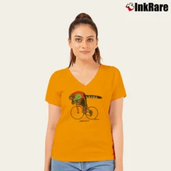 Women’s 80s B Kliban Cycling Fat Cat Tourist V-Neck Tee in orange | Chic Neckline, Soft Texture