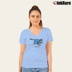 Women’s 80s B Kliban Fat Cat Businessman V-Neck Tee in light blue | Chic Neckline, Soft Texture