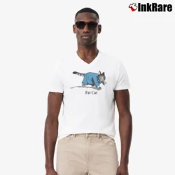 Men’s 80s B Kliban Fat Cat Businessman V-Neck Tee in white | Sharp, Breathable, Everyday Staple