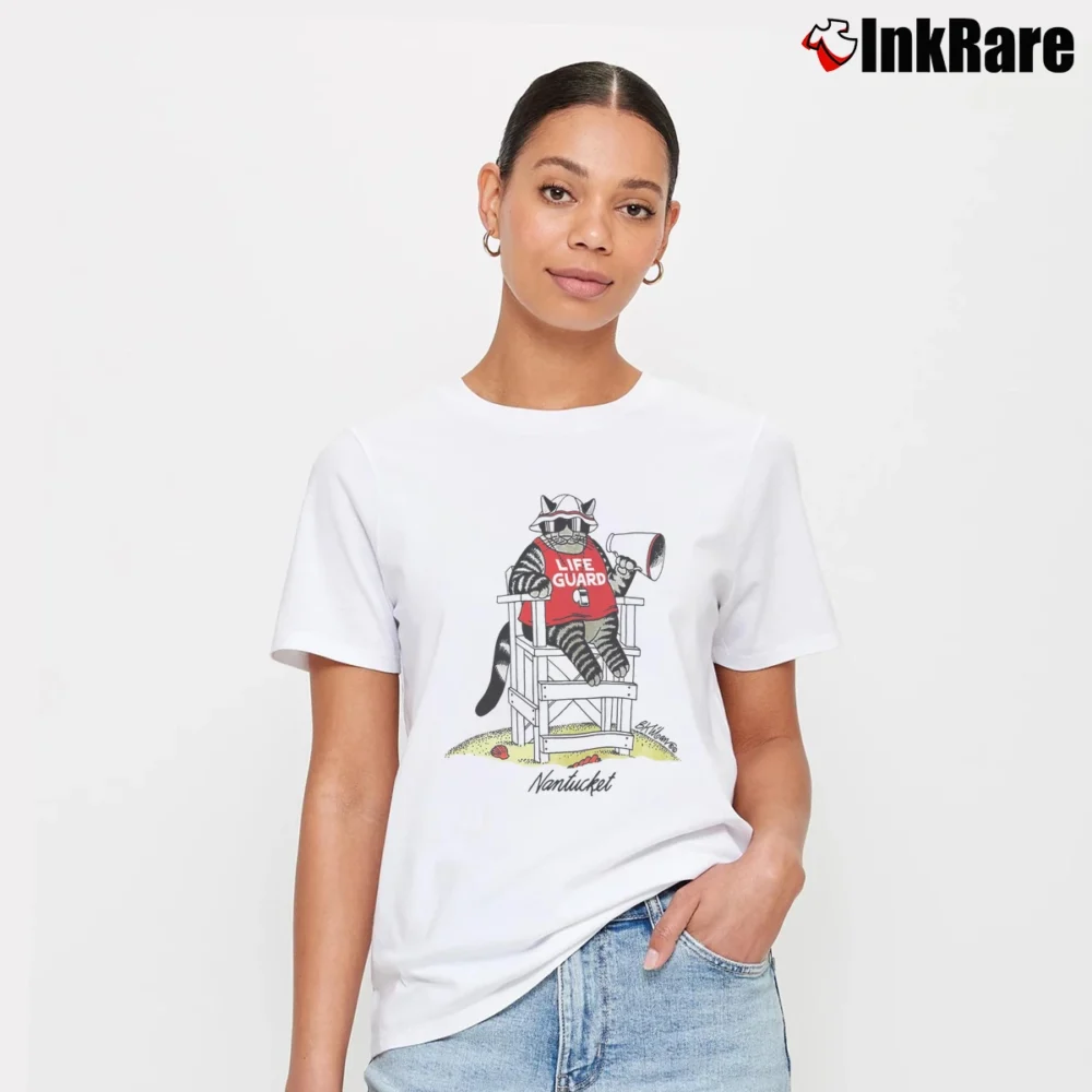 Women’s 80s B Kliban Fat Cat Nantucket Lifeguard Signature T-Shirt in white | Soft, Flattering Fit