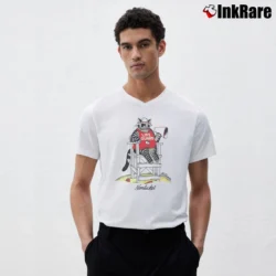 Men’s 80s B Kliban Fat Cat Nantucket Lifeguard V-Neck Tee in white | Sharp, Breathable, Everyday Staple