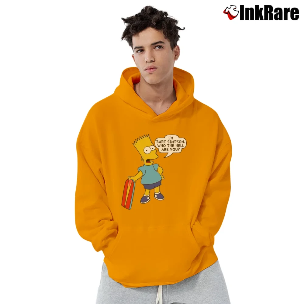 Men’s 80s Bart Simpson Who the Hell Are You The Simpsons Pullover Hoodie in orange | Cozy, Durable, Modern Fit