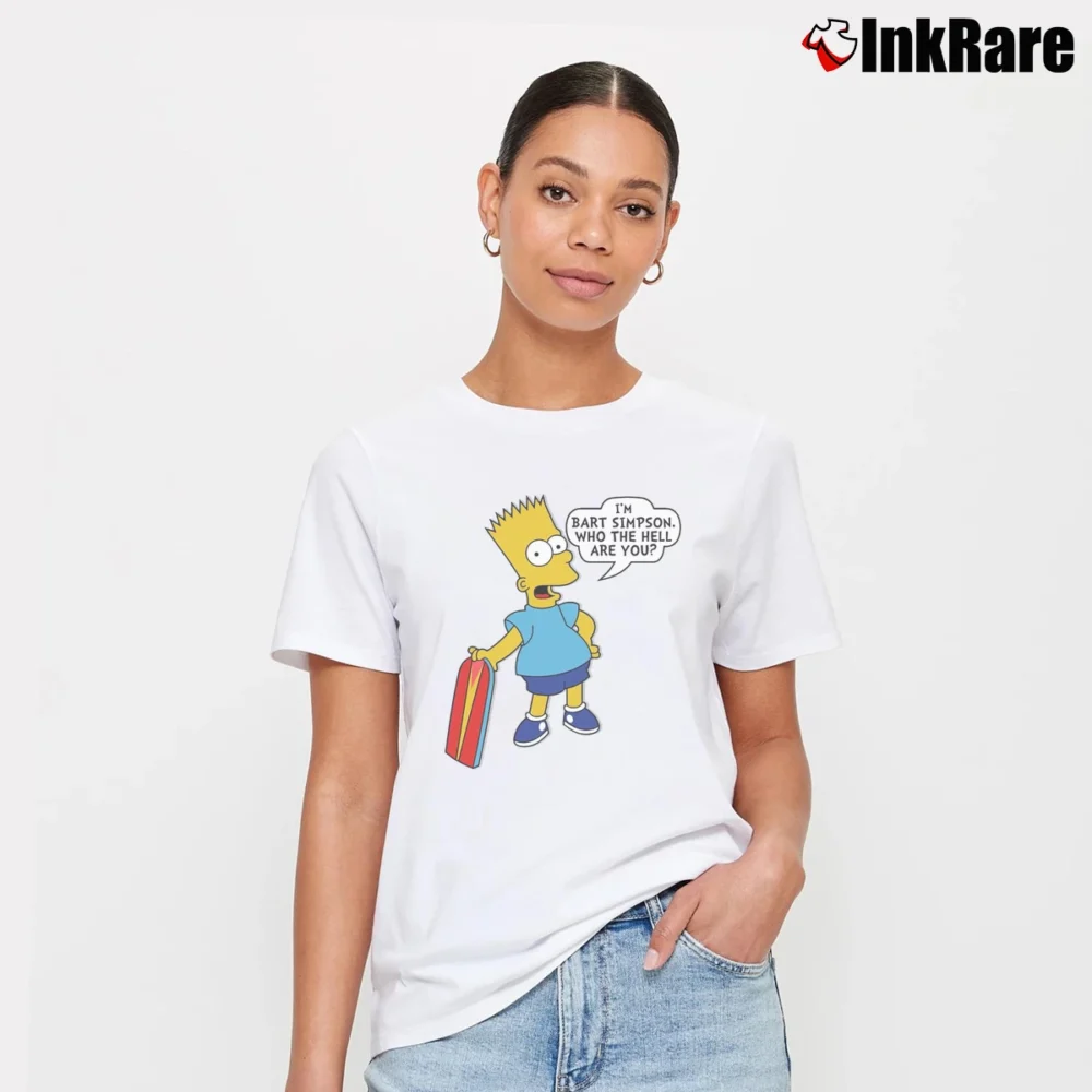 Women’s 80s Bart Simpson Who the Hell Are You The Simpsons Signature T-Shirt in white | Soft, Flattering Fit
