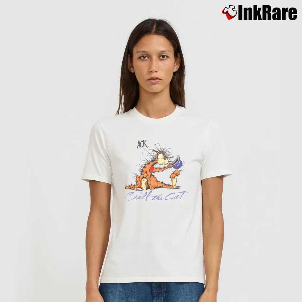 Women’s 80s Bill The Cat Bloom County Comic Signature T-Shirt in white | Soft, Flattering Fit