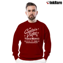 Men’s 80s Captain Video Vintage Video Store VHS Rental New York Graphic Crewneck Sweatshirt in maroon | Cozy Fabric, Clean Style