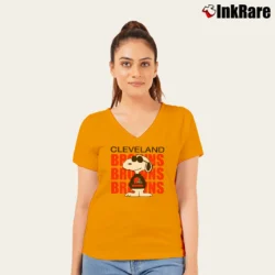 Women’s 80s Cleveland Browns Snoopy NFL Football V-Neck Tee in orange | Chic Neckline, Soft Texture