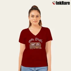 Women’s 80s Couch Beagle Snoopy Woodstock Peanuts V-Neck Tee in maroon | Chic Neckline, Soft Texture