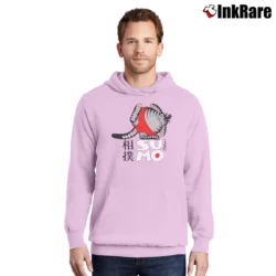 Men’s 80s Crazy Cat Print Sumo Pullover Hoodie in light pink | Cozy, Durable, Modern Fit