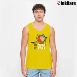 Men’s 80s Crazy Cat Print Sumo Tank Top in yellow | Breathable, Active-Friendly Design