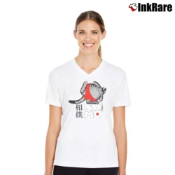 Women’s 80s Crazy Cat Print Sumo V-Neck Tee in white | Chic Neckline, Soft Texture