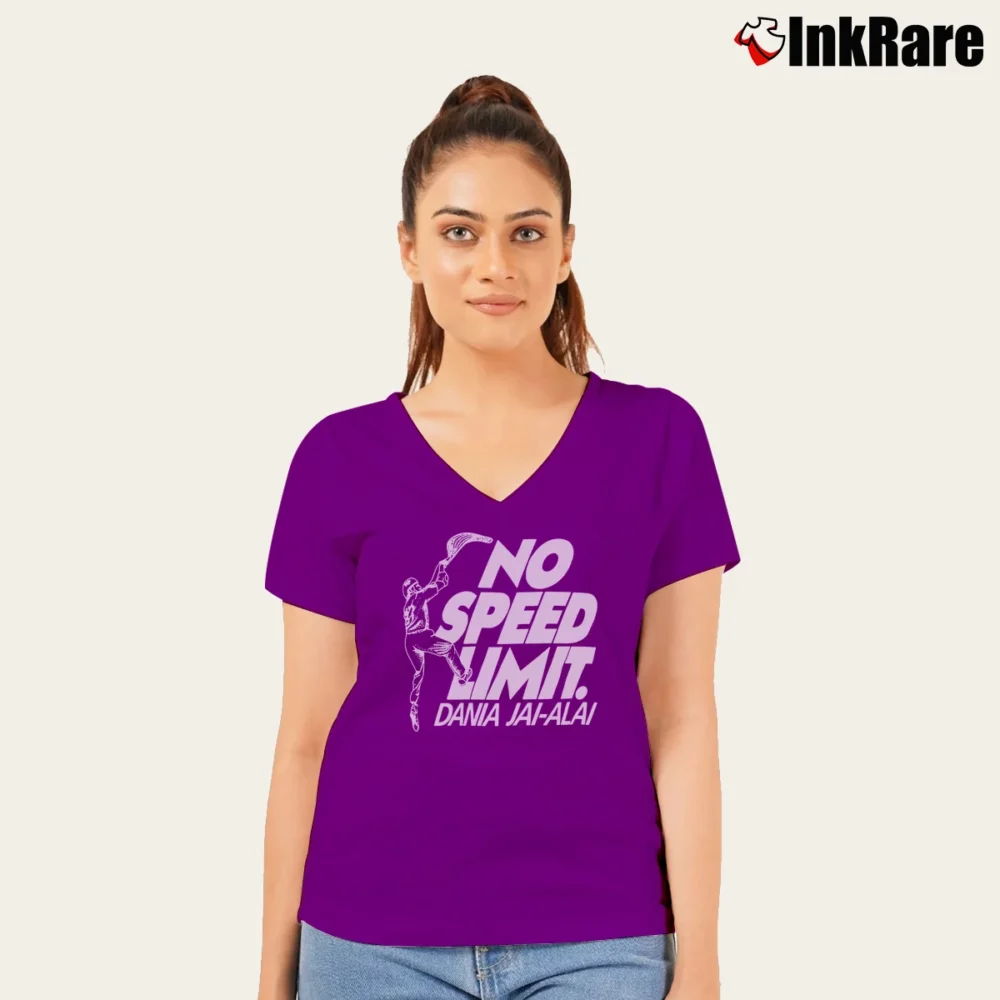 Women’s 80s Dania Beach Jai Alai Speed V-Neck Tee in purple | Chic Neckline, Soft Texture