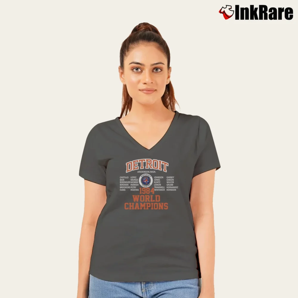 Women’s 80s Detroit Tigers 1984 World Series V-Neck Tee in charcoal | Chic Neckline, Soft Texture