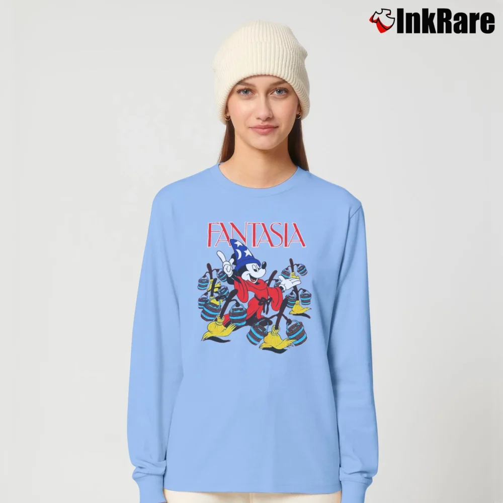 Women’s 80s Disney Fantasia Mickey Mouse Long-Sleeve Top in light blue | Sleek, Versatile, All-Season