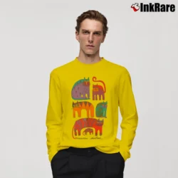 Men’s 80s Fantastic Felines Cat Laurel Burch Art Long-Sleeve Shirt in yellow | Sleek, Lightweight, Year-Round Wear