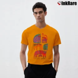 Men’s 80s Fantastic Felines Cat Laurel Burch Art V-Neck Tee in orange | Sharp, Breathable, Everyday Staple