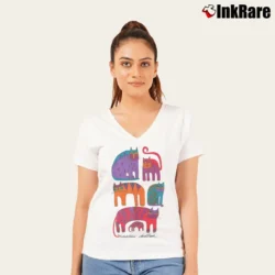 Women’s 80s Fantastic Felines Cat Laurel Burch Art V-Neck Tee in white | Chic Neckline, Soft Texture