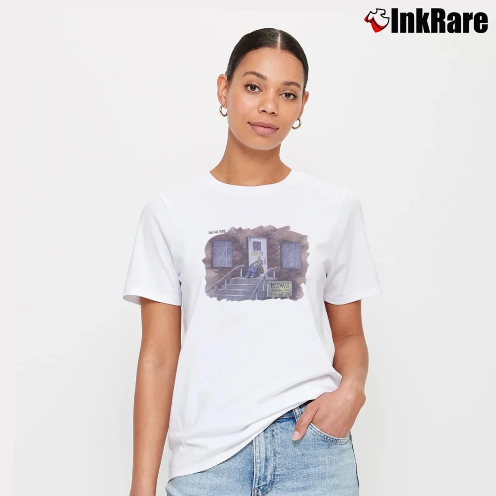 Women’s 80s Far Side Cartoon Gifted School Signature T-Shirt in white | Soft, Flattering Fit