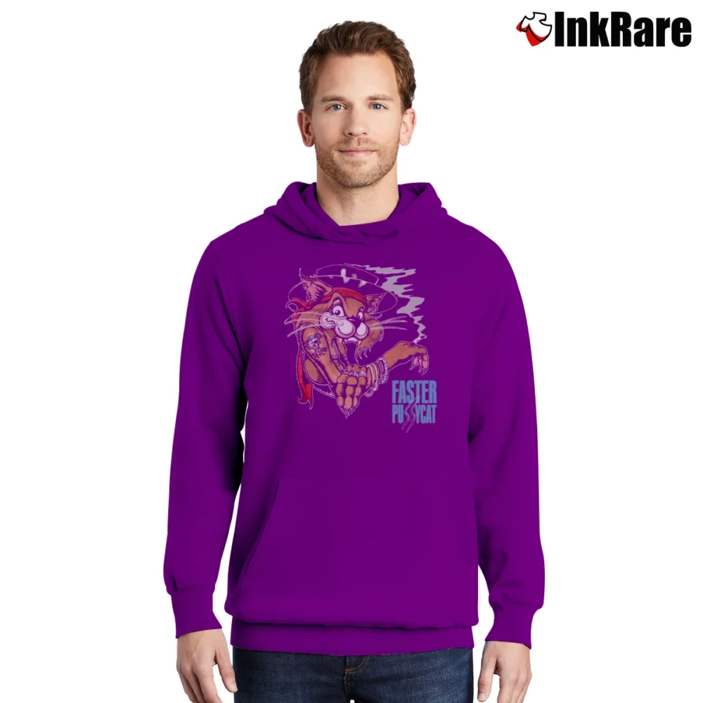 Men’s 80s Faster Pussy Cat Tour Pullover Hoodie in purple | Cozy, Durable, Modern Fit