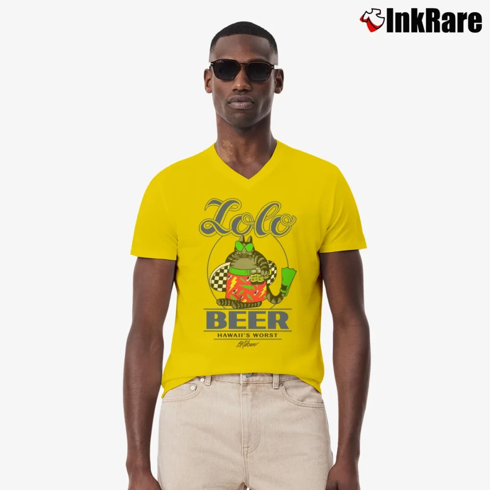 Men’s 80s Fat Cat Lolo Beer Hawaii V-Neck Tee in yellow | Sharp, Breathable, Everyday Staple