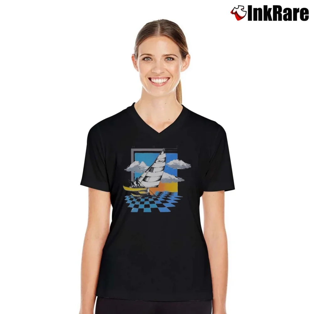 Women’s 80s Hobie Cat Sailing V-Neck Tee in black | Chic Neckline, Soft Texture