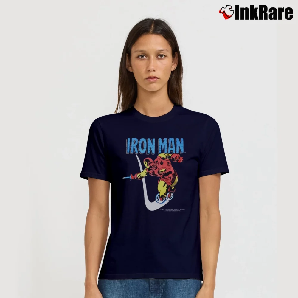 Women’s 80s Iron Man Marvel Comics Armor Suit Signature T-Shirt in navy | Soft, Flattering Fit